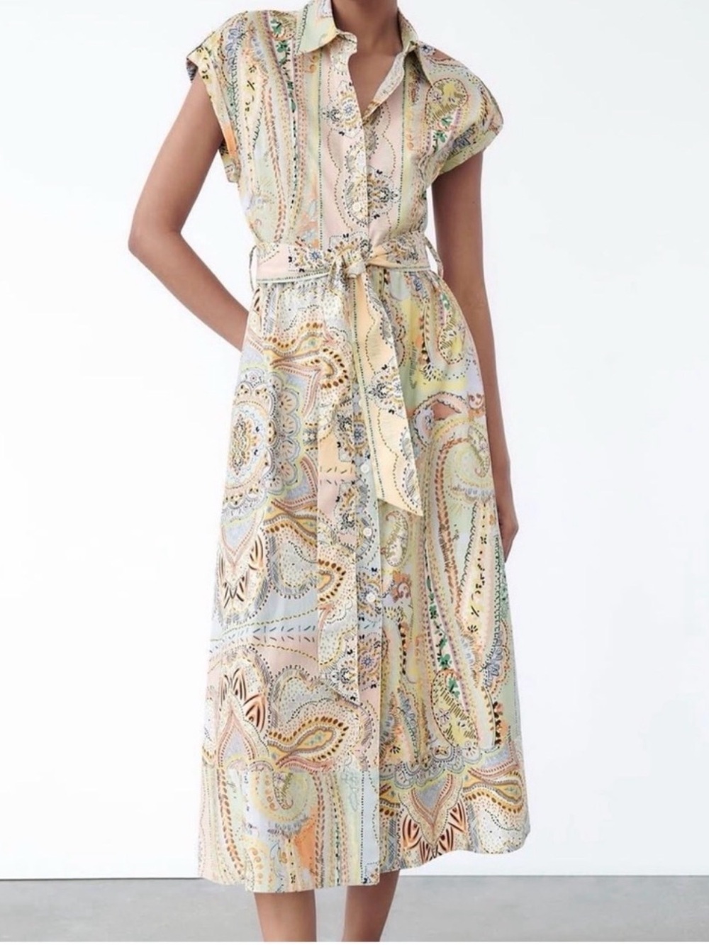 Zara Pastel Paisley Button-Front Midi Dress